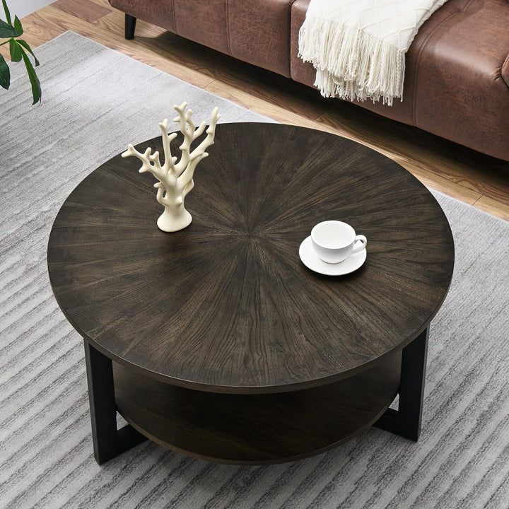 Rustic Round Coffee Table with Storage Shelf, Farmhouse Cocktail Table, Brushed Black