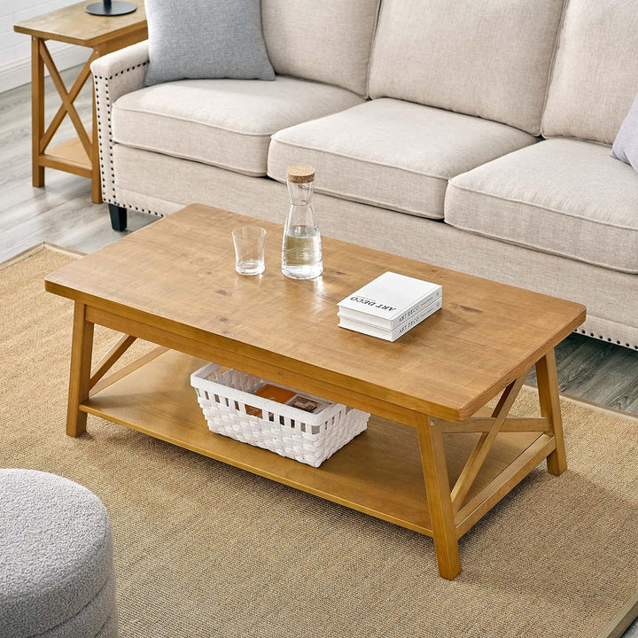 Modern Farmhouse Solid Wood Coffee Table with Storage Shelf, Rustic Oak