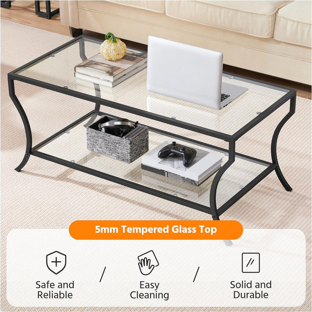 Stylish Glass Coffee Table, Modern Rectangle Design, Black