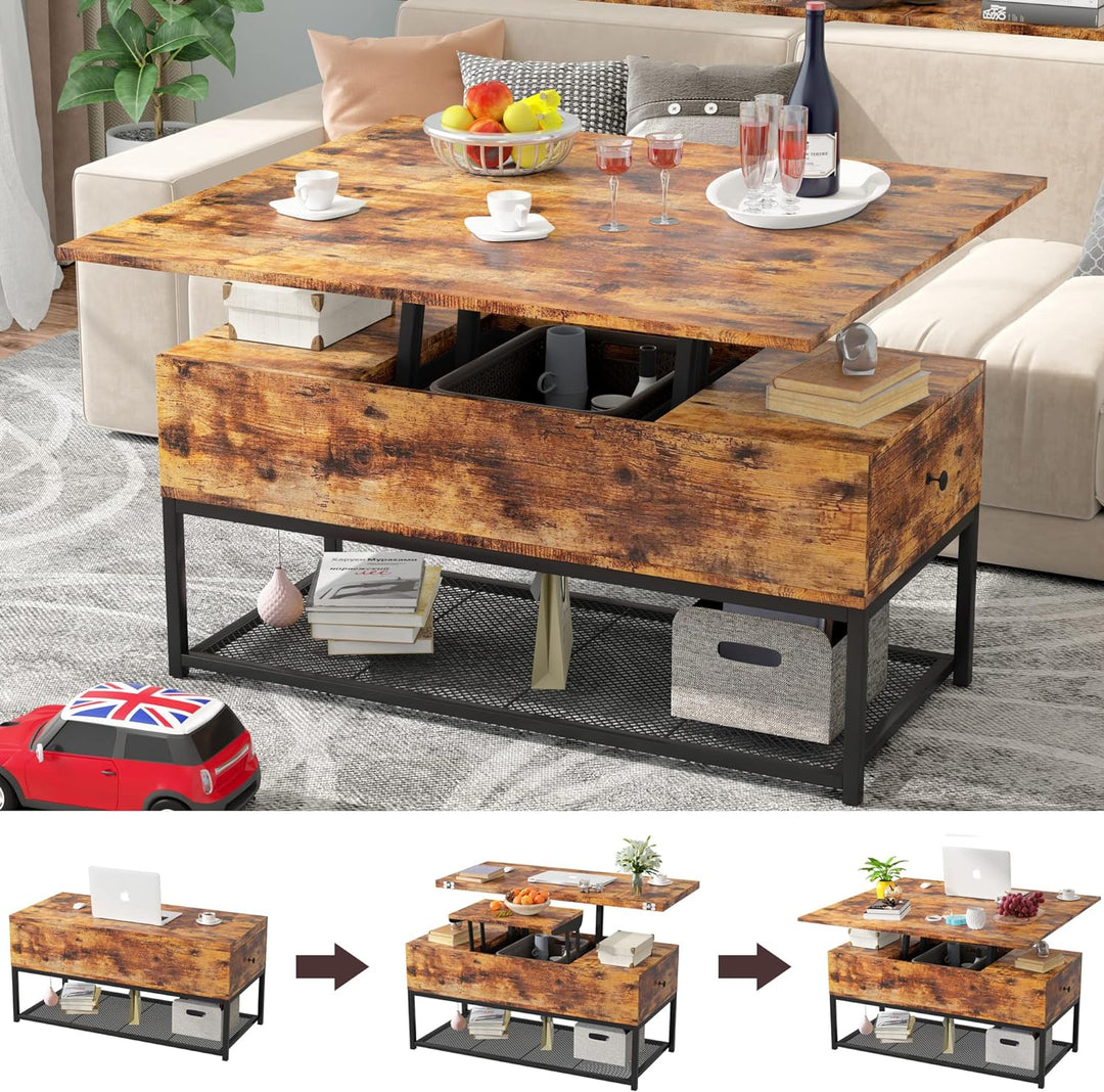 Lift Top Coffee Table w/ Storage Drawers, Hidden Compartment, Rustic