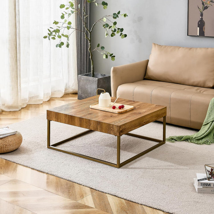 Modern Walnut Wood Coffee Table with Black Metal Legs, Square