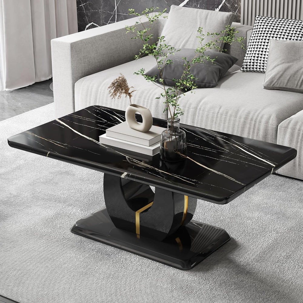 Marble Coffee Table, Modern Faux Marble Top, Rectangular Accent Table, Black