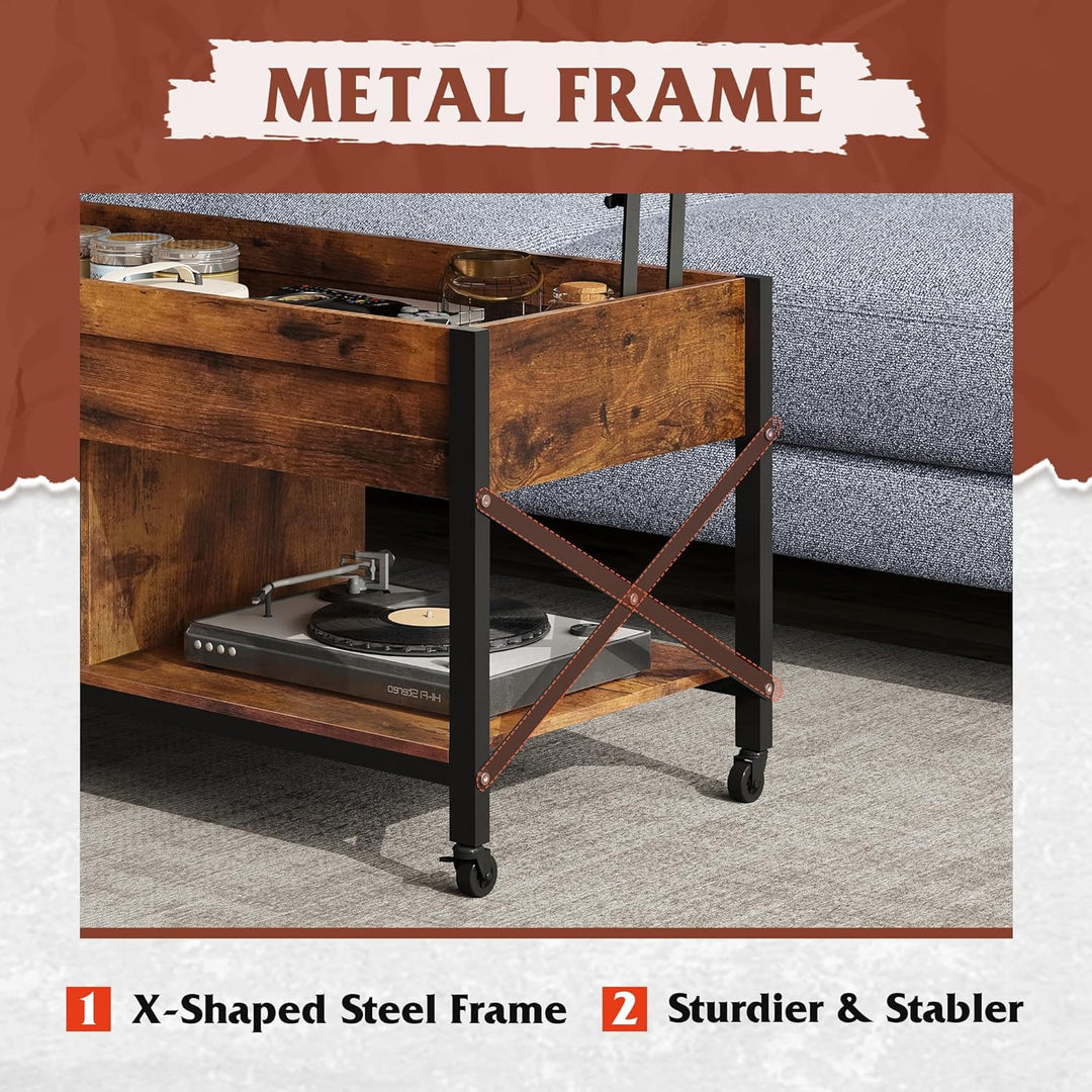 Lift Top Coffee Table with Hidden Storage, Metal Frame, Casters, Rustic Brown