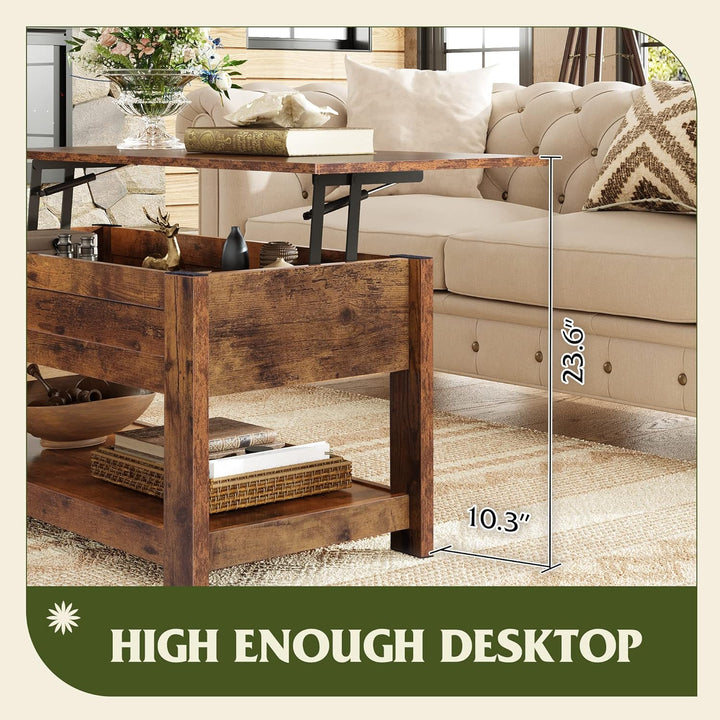 Modern Lift Top Coffee Table with Storage Shelf, Rustic Brown