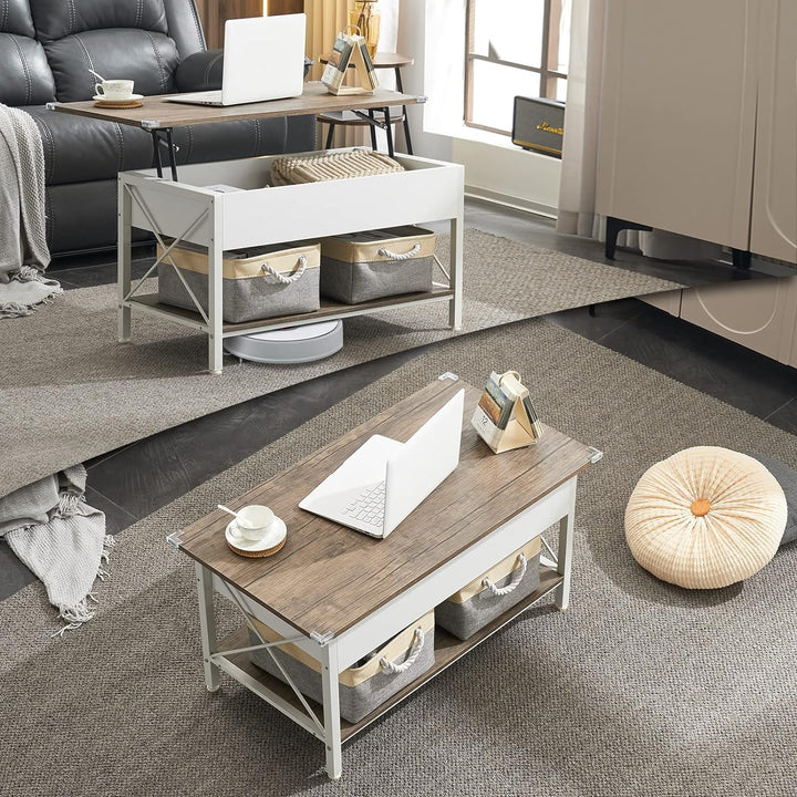 Lift Top Coffee Table with Storage Bins, White Walnut