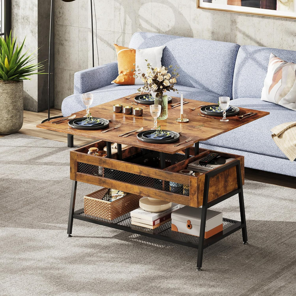 Lift Top Coffee Table with Hidden Storage, Converts to Dining Table, Rustic Brown