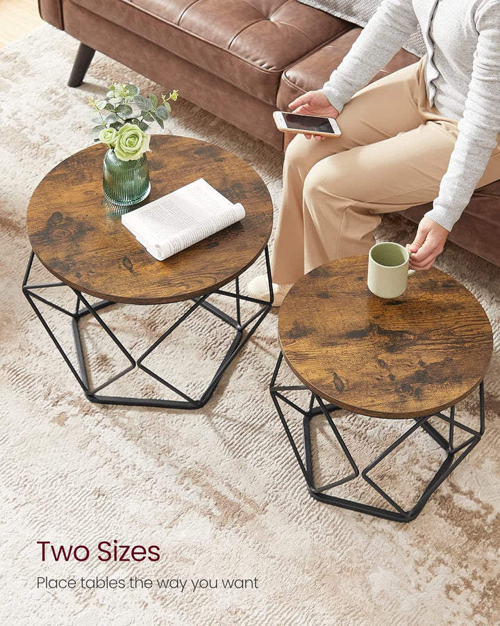 Rustic Round Coffee Table Set, Steel Frame Side End Tables