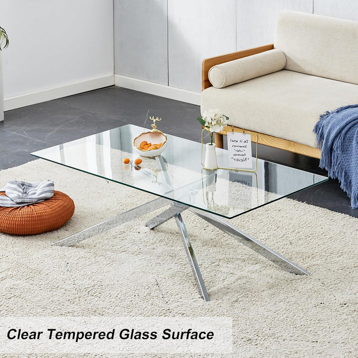 Elegant Modern Glass Coffee Table, Clear Tempered Glass, Silver