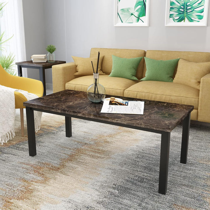 Rectangular Faux Marble 2-Piece Sofa Side Coffee Table Set, Brown