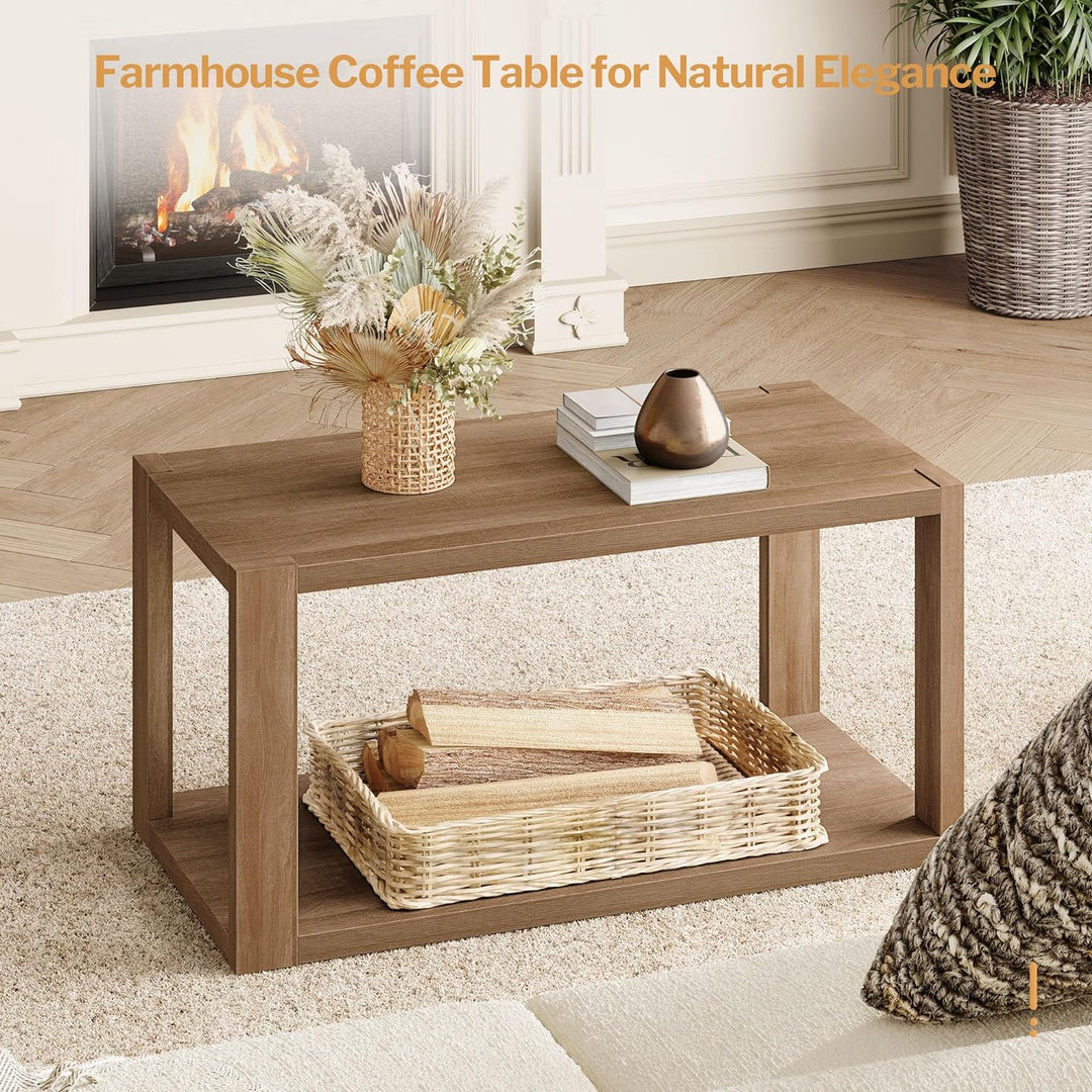 Farmhouse Wood Coffee Table w/ Storage Shelf, Boho Accent Table