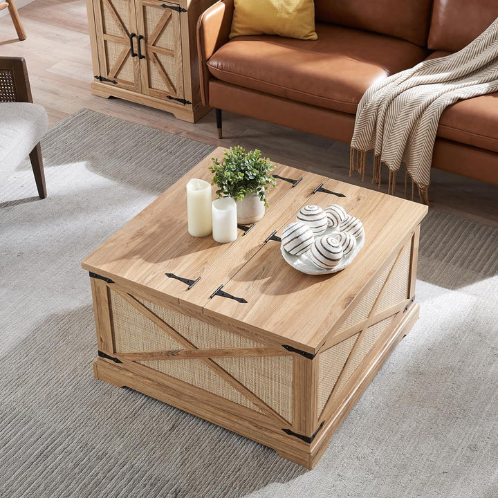 Farmhouse Coffee Table with Storage, Boho Rattan Wood Center Table, Rustic Cocktail Table with Hidden Storage, Natural