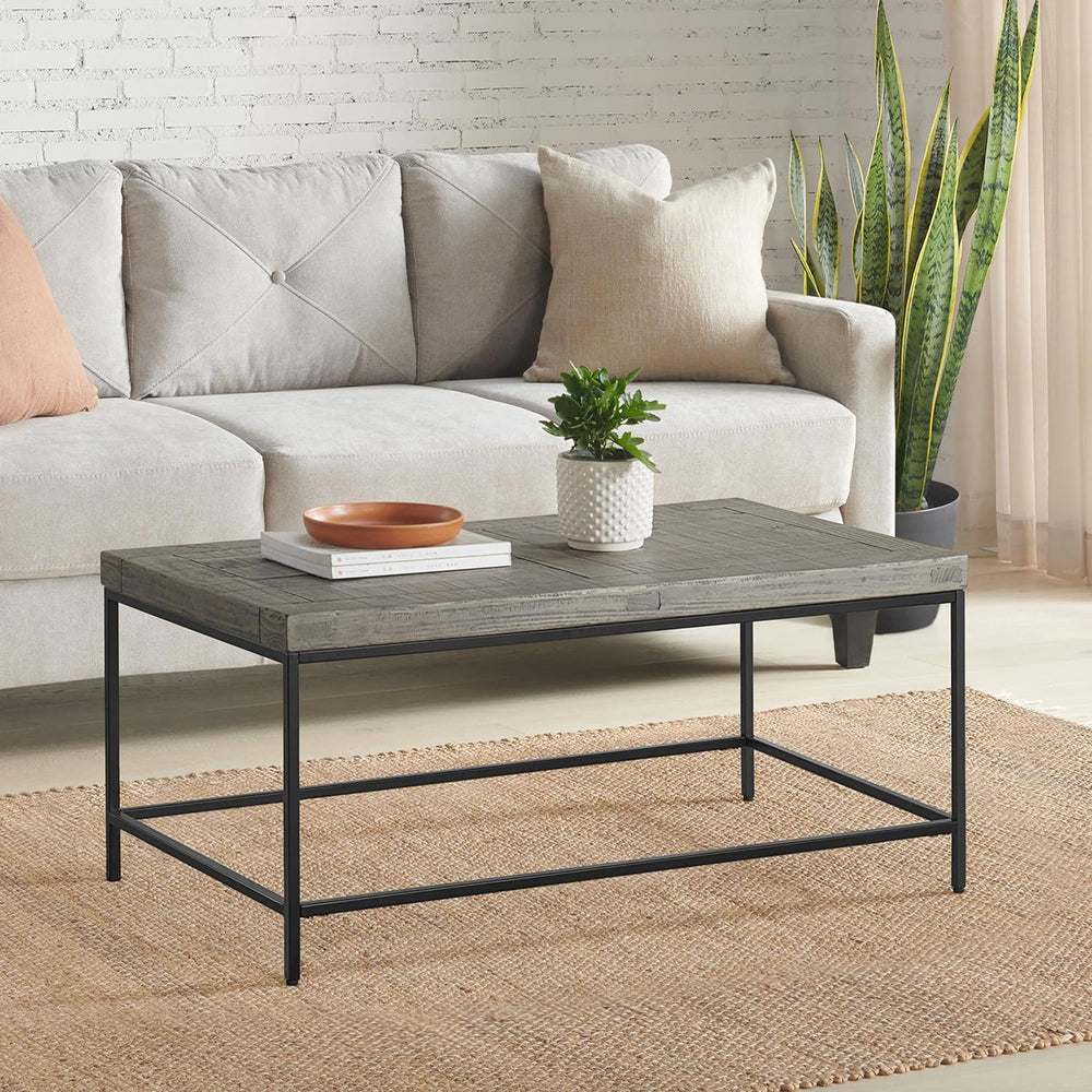 Lavish Home Industrial Modern Coffee Table, Wood Top, Metal Base, Gray