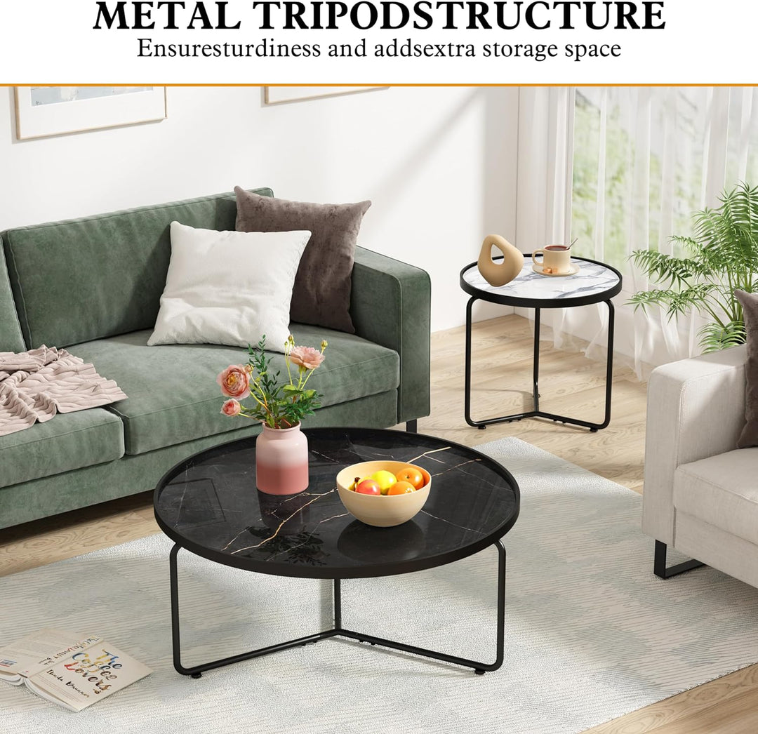 Stylish Black Coffee Table, White End Table Set