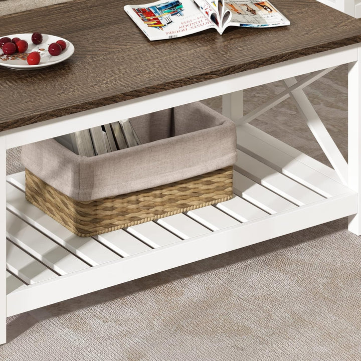 Rustic Farmhouse Coffee Table with Shelf, Vintage Finish White