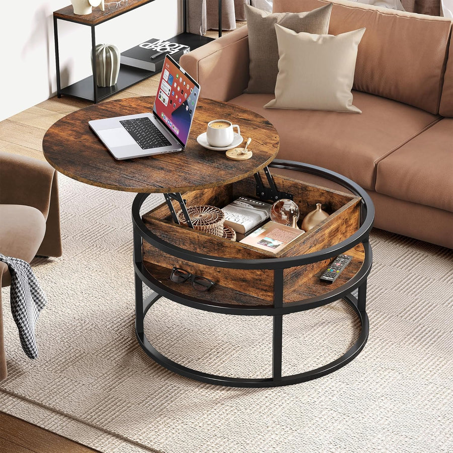 YITAHOME Round Lift Top Coffee Table with Hidden Storage, Rustic Brown