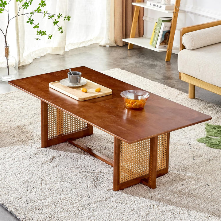 Mid Century Modern Wood Coffee Table with PE Rattan Stand