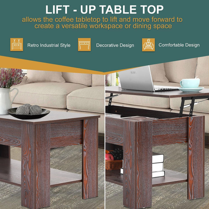 Lift Top Coffee Table with Hidden Storage, Wooden Dining Table, Espresso