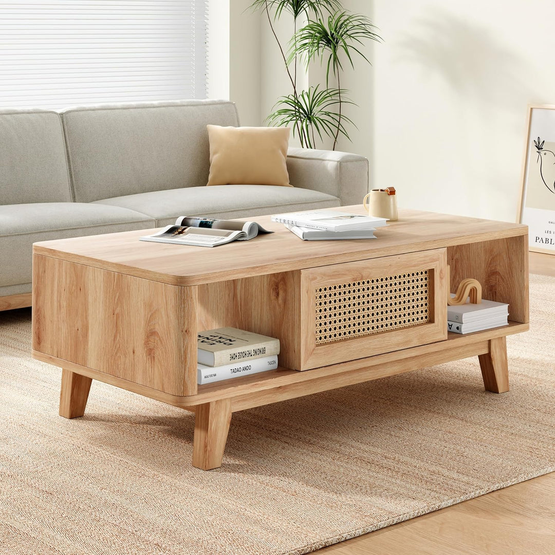 Coffee Table, Mid Century Modern Square with Rattan Drawer, Natural, 1