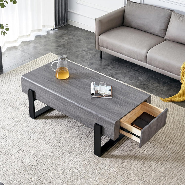 Rustic Wooden Coffee Table w/ Storage Drawer, Grey (Drawer)