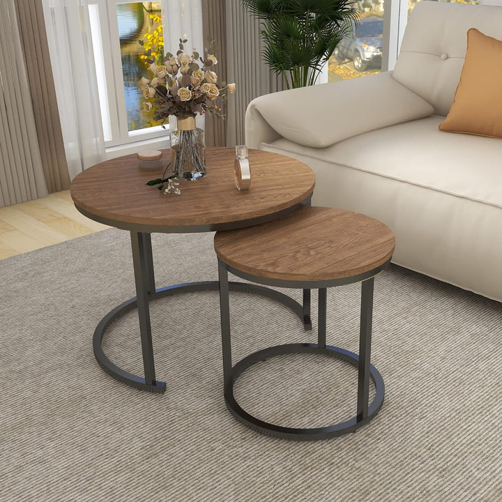 Industrial Nesting Coffee Table Set, Modern Walnut Accent Tables