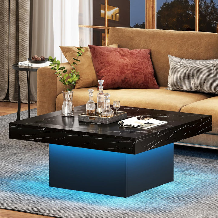 Stylish Square LED Coffee Table, Faux Marble Blackblack