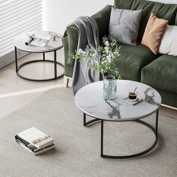 White Nesting Coffee Table Set, Wooden Marble Pattern, Adjustable Feet