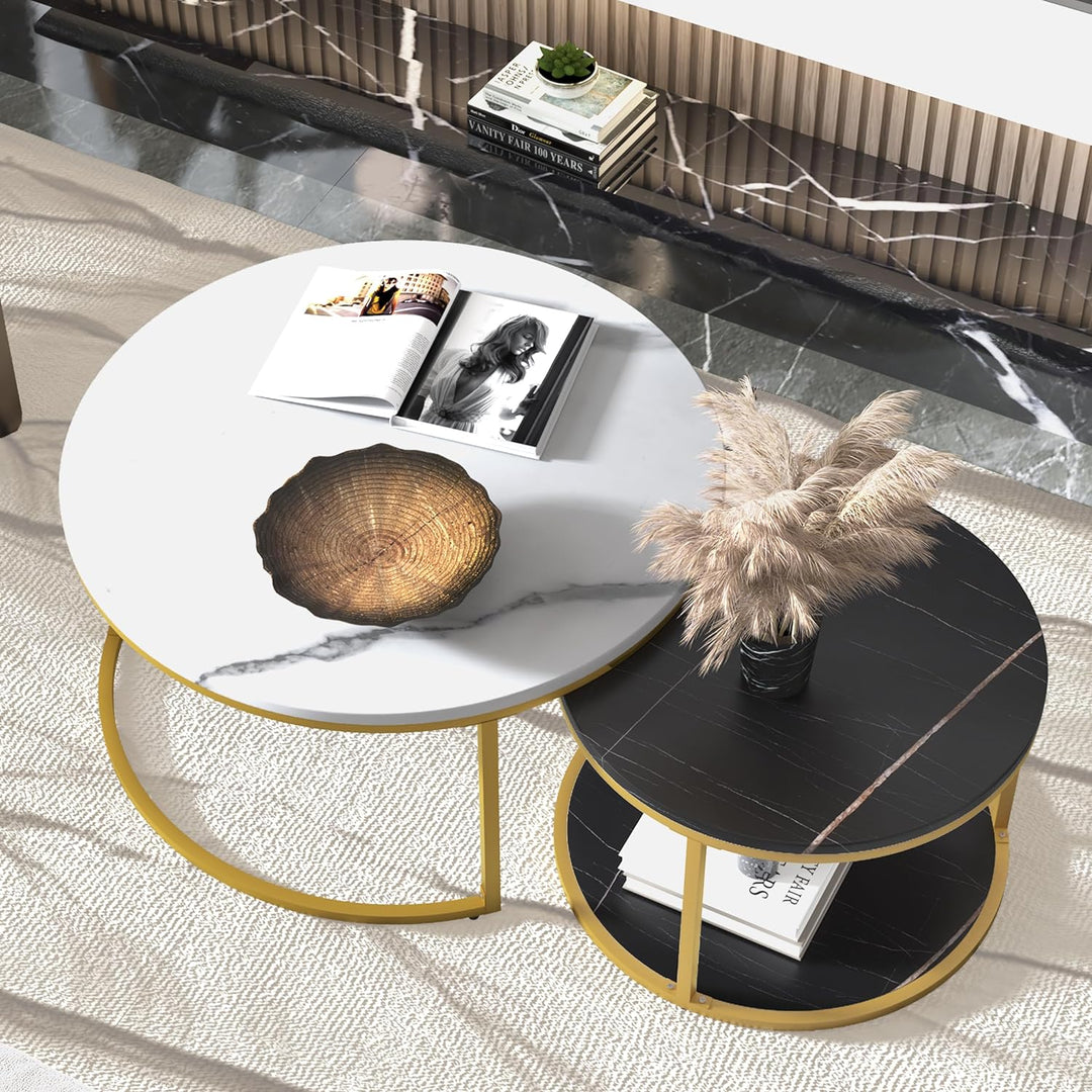 Elegant Modern Round Coffee Table Set, White and Black