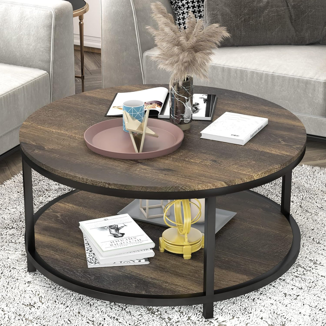 Rustic Round Coffee Table with Wooden Surface, Metal Legs, Storage