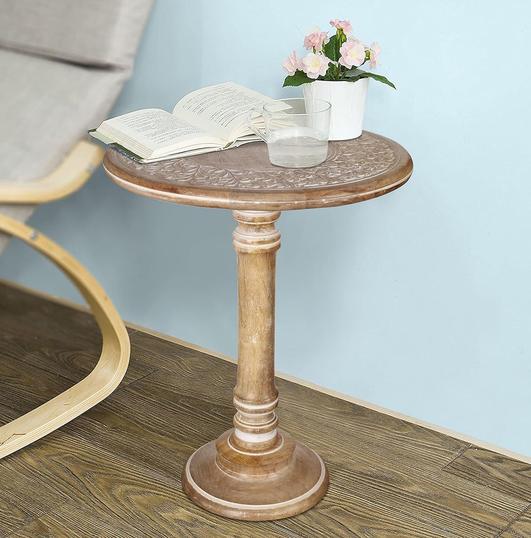 Wooden Pillar Round End Table, Modern Round Wooden Coffee Table