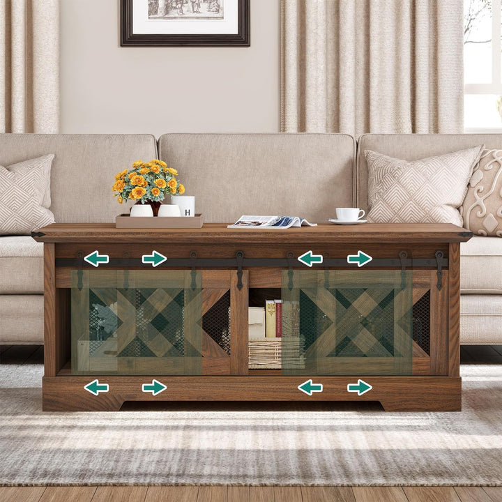 Farmhouse Coffee Table with Lift Top, Storage & Sliding Barn Door, Espresso