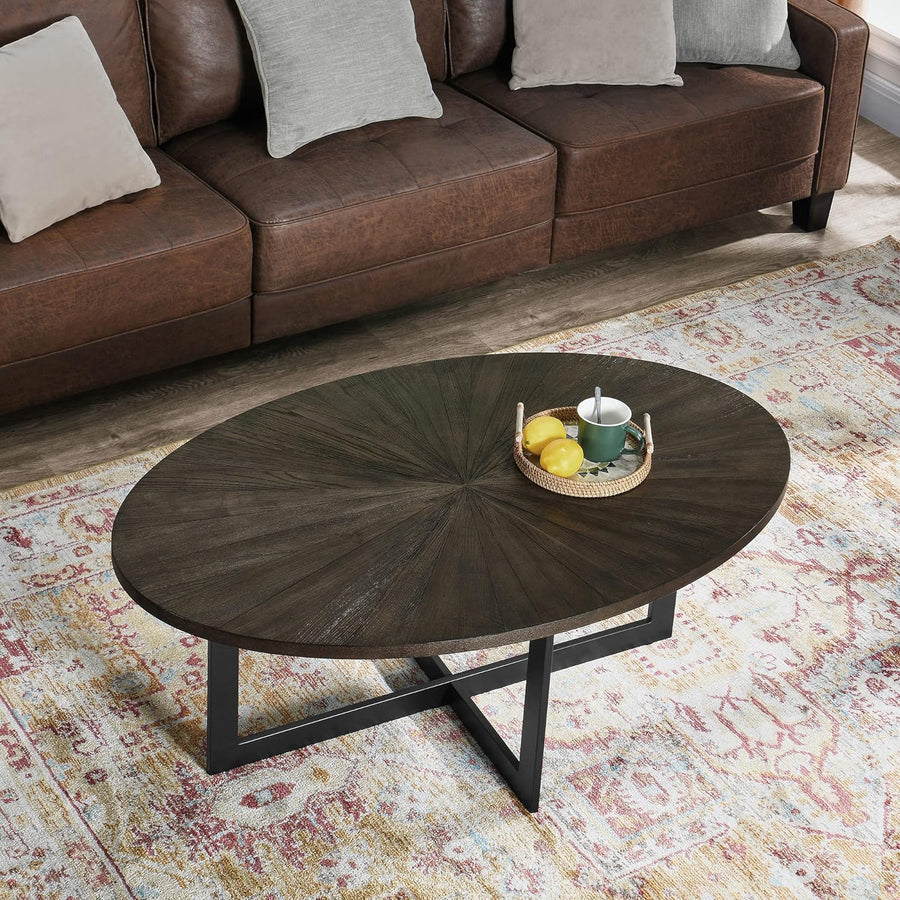 Solid Wood Oval Coffee Table with Cross Metal Legs, Black