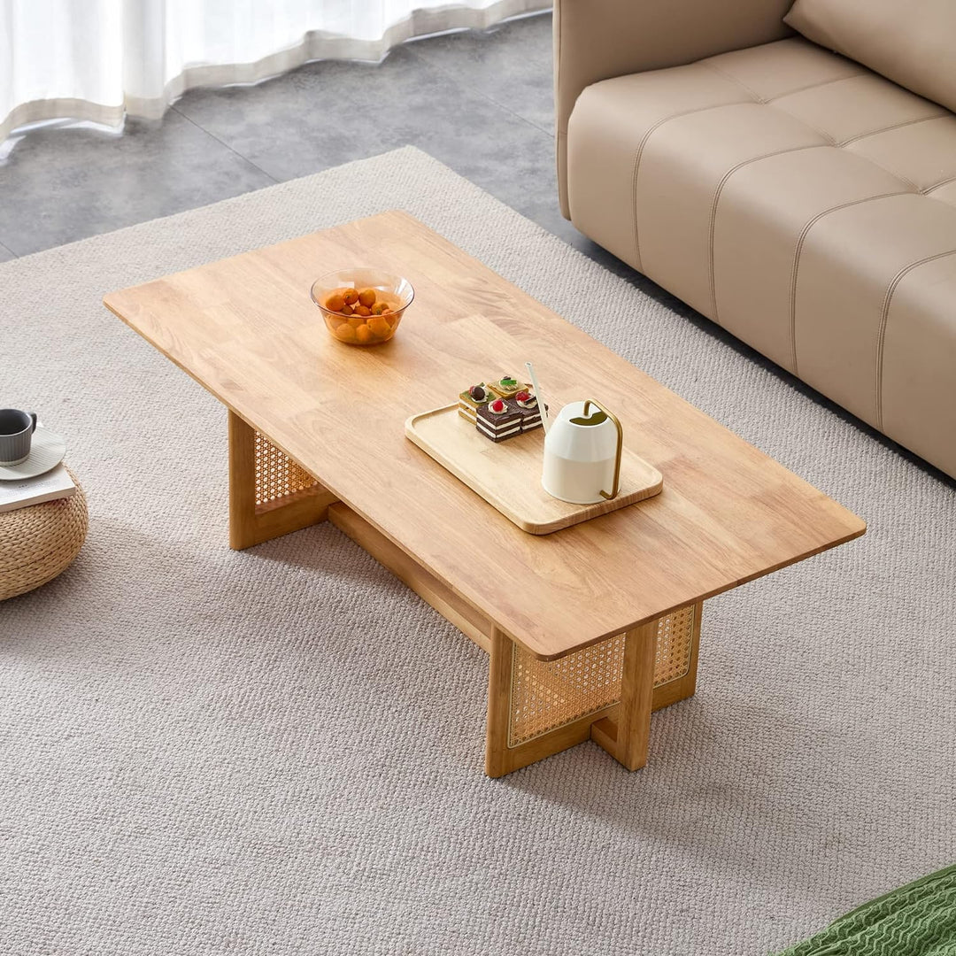 Modern Rattan Coffee Table, Solid Wood Desktop, Double-Layer, Natural