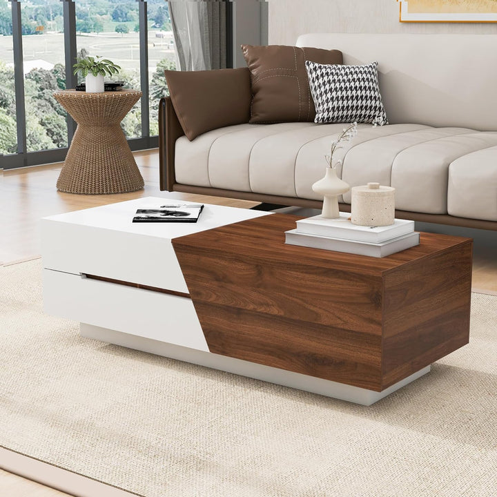 Merax Extendable Coffee Table, UV High-Gloss, Sliding Top & Storage (White & Walnut)