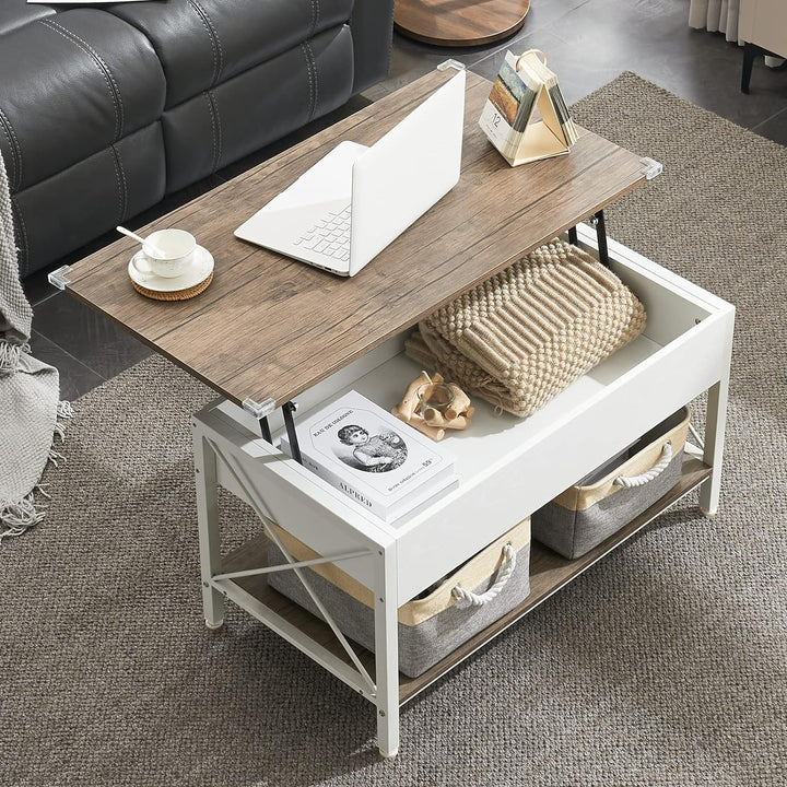 Lift Top Coffee Table with Storage Bins, White Walnut