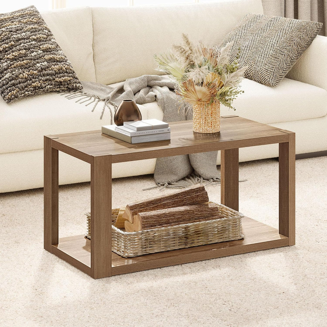 Farmhouse Wood Coffee Table w/ Storage Shelf, Boho Accent Table