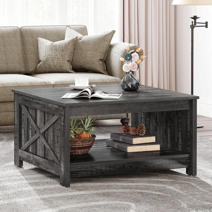 Rustic Farmhouse Coffee Table with Storage, Dark Oak