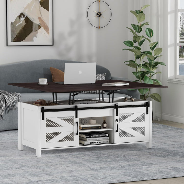 47.2" Lift Top Coffee Table with Sliding Barn Doors, White