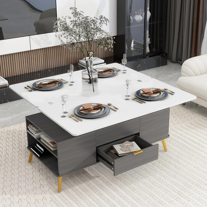 Merax Modern Lift Top Coffee Table, Convertible Dining, Grey & White