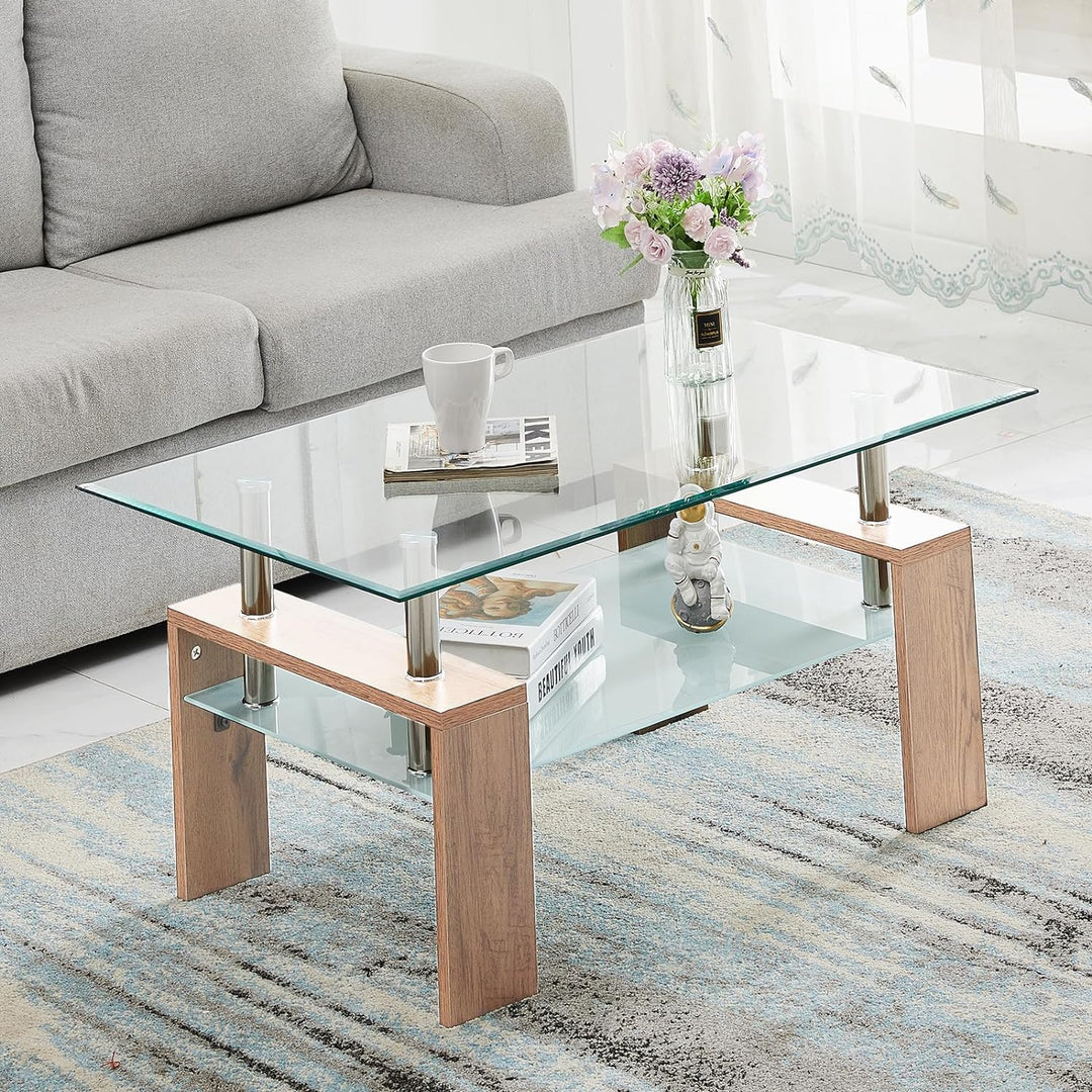 Modern Rectangle Coffee Table, Tempered Glass, Open Shelf, Natural