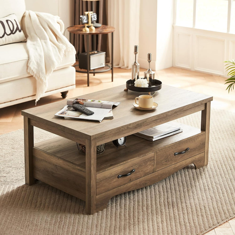 Farmhouse Coffee Table with Storage, Chic Style with Curved Base, Brown