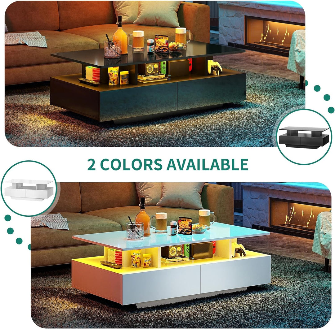 YITAHOME LED Coffee Table with Storage, High Glossy White