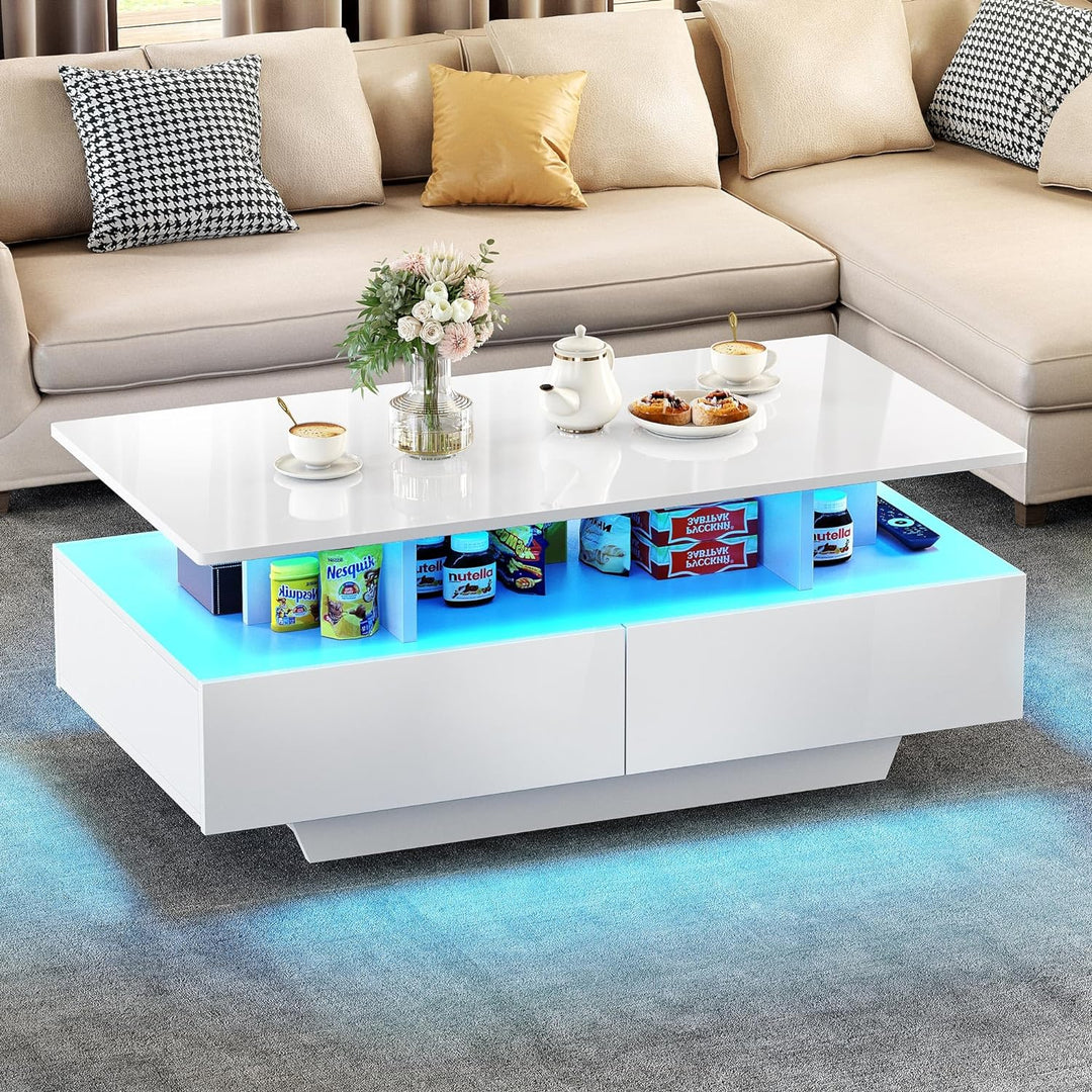 YITAHOME LED Coffee Table with Storage, High Glossy White