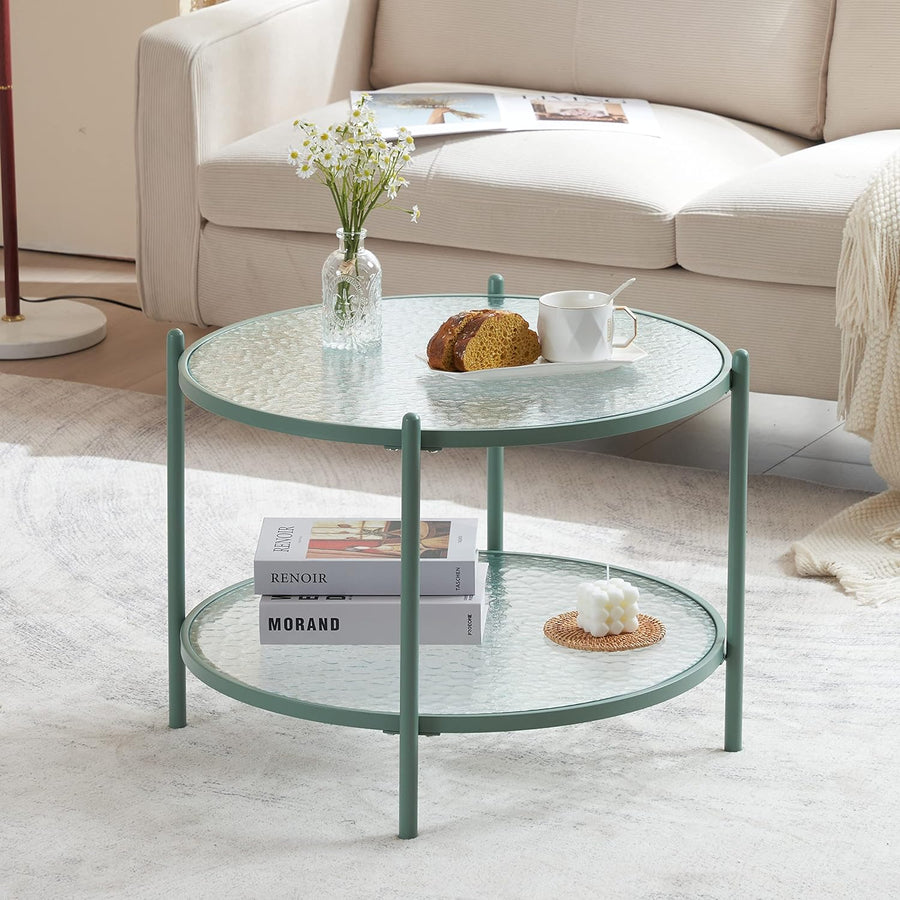 Stylish 2-Tier Round Coffee Table, Water-Wave Glass, Green