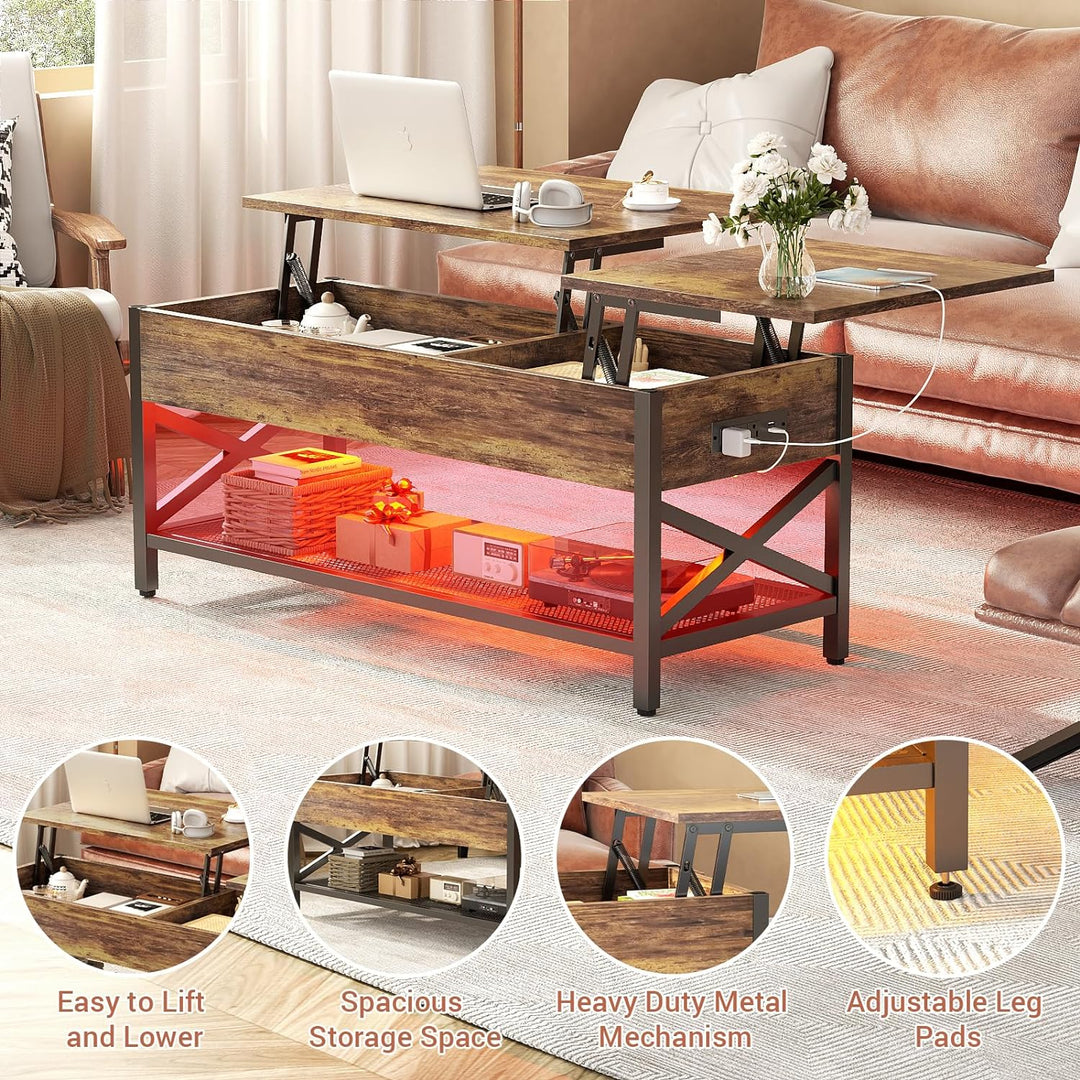 Coffee Table with Lift Top Storage, LED Light, Power Outlet, Rustic Brown