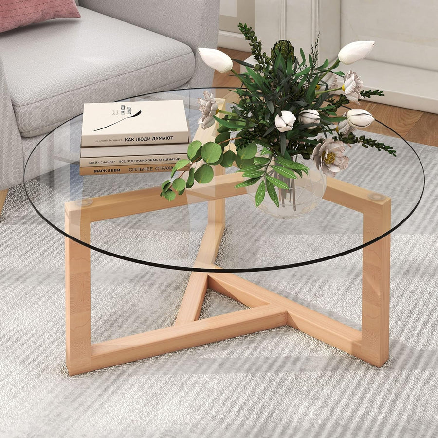 Merax Round Glass Coffee Table with Sturdy Wood Base, Natural