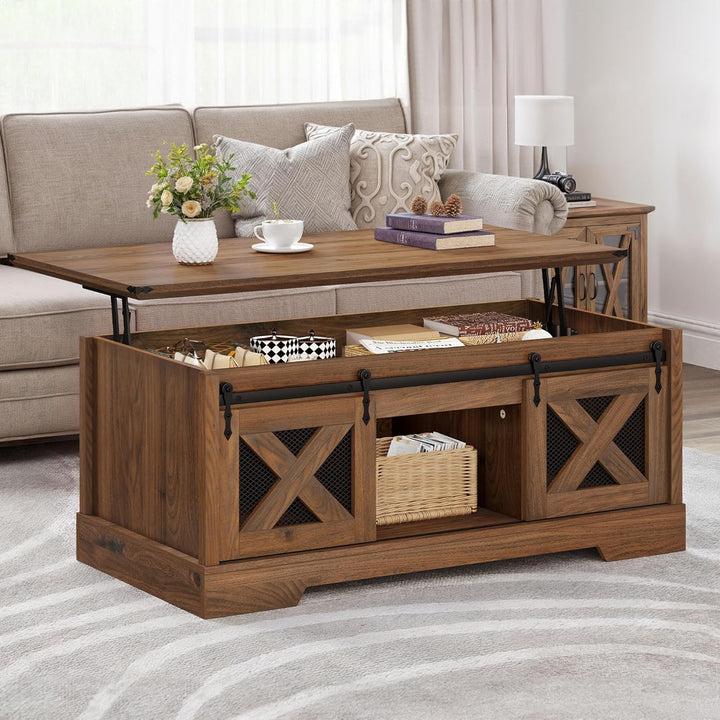 Farmhouse Coffee Table with Lift Top, Storage & Sliding Barn Door, Espresso