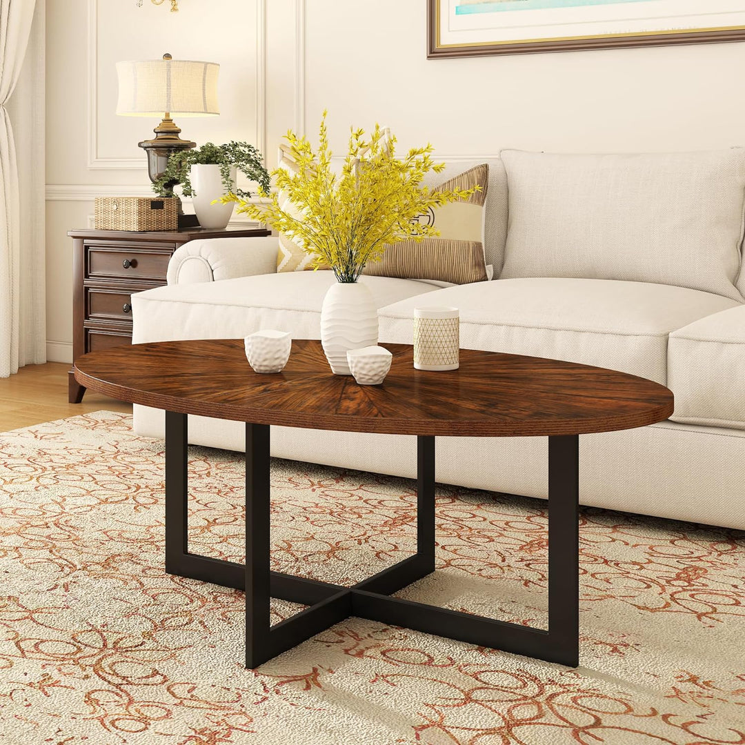 Solid Wood Oval Coffee Table, Rustic Brown Without Shelf