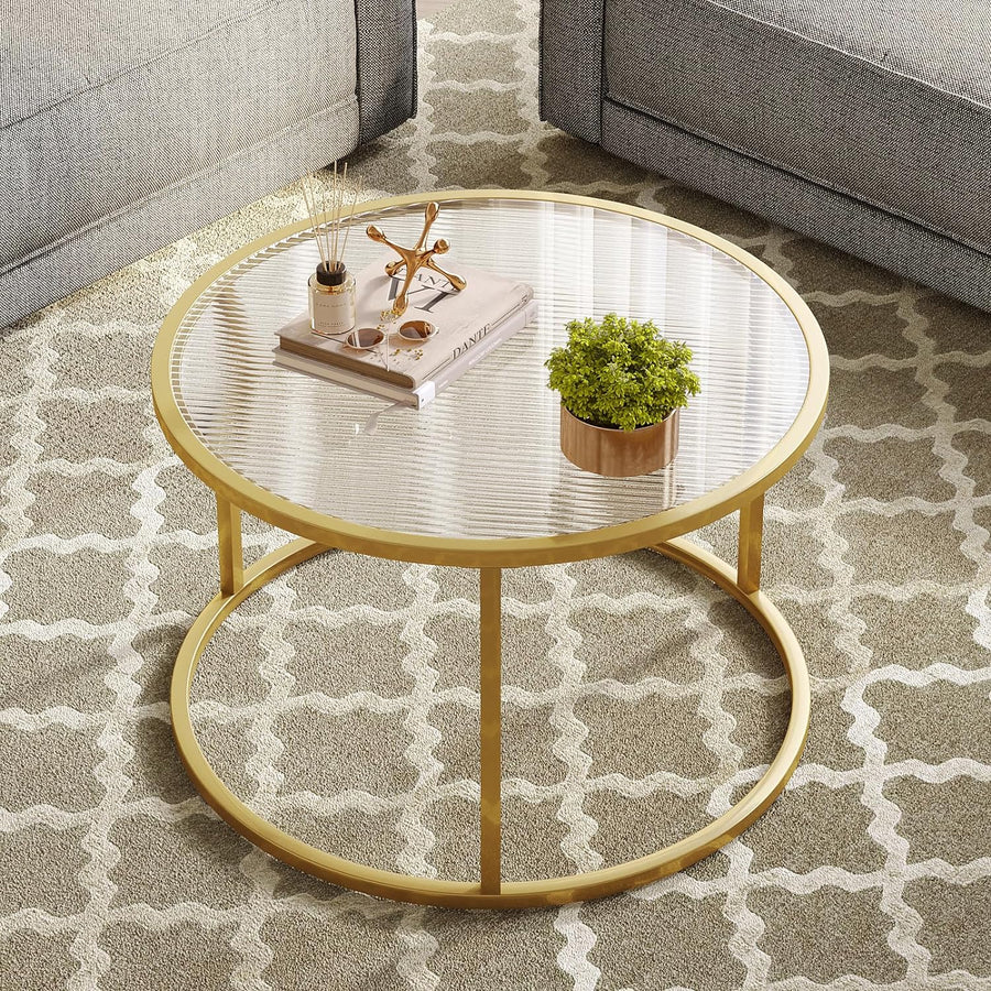 Stylish Modern Round Glass Coffee Table, Coffee Table-texture Gold