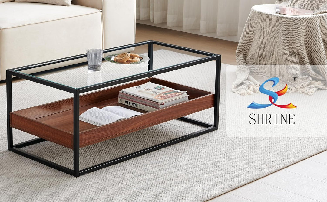 Dual-Layer Glass Coffee Table, Walnut Wood Panels, Black Frame