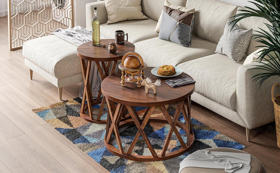 Rustic Farmhouse Round Coffee Table, Wood Textured Top, X-Motif Legs, Brown